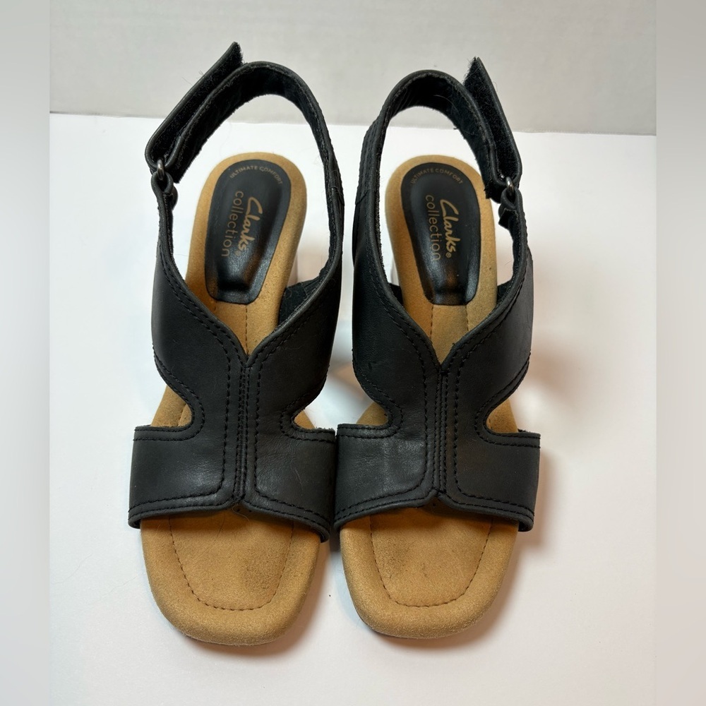 Clarks Collection women’s black leather open-toe wedge heel sandals size 5M